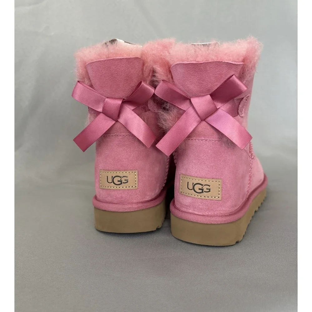 Womens UGG Boots Mini Bailey Bow WBRR Pink Sz 7 Suede Coquette Festival Sold Out - Picture 8 of 15